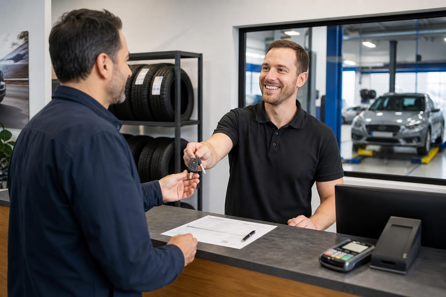 Customer paying at a modern auto repair shop service desk