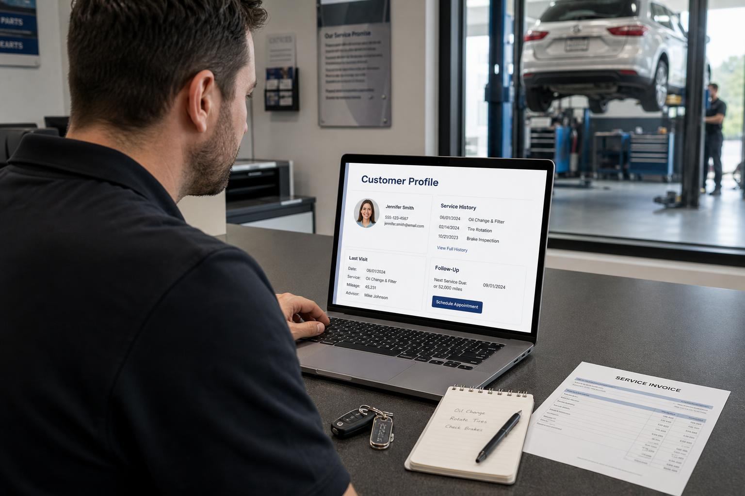 Garage service advisor viewing a customer profile in CRM