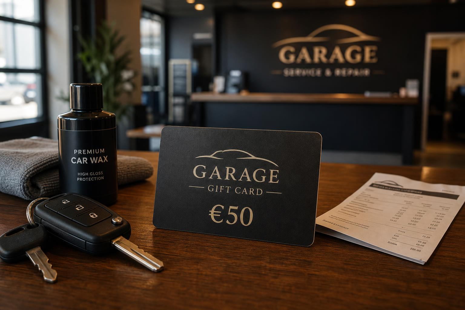 Branded auto repair gift card shown with vehicle keys and car care products