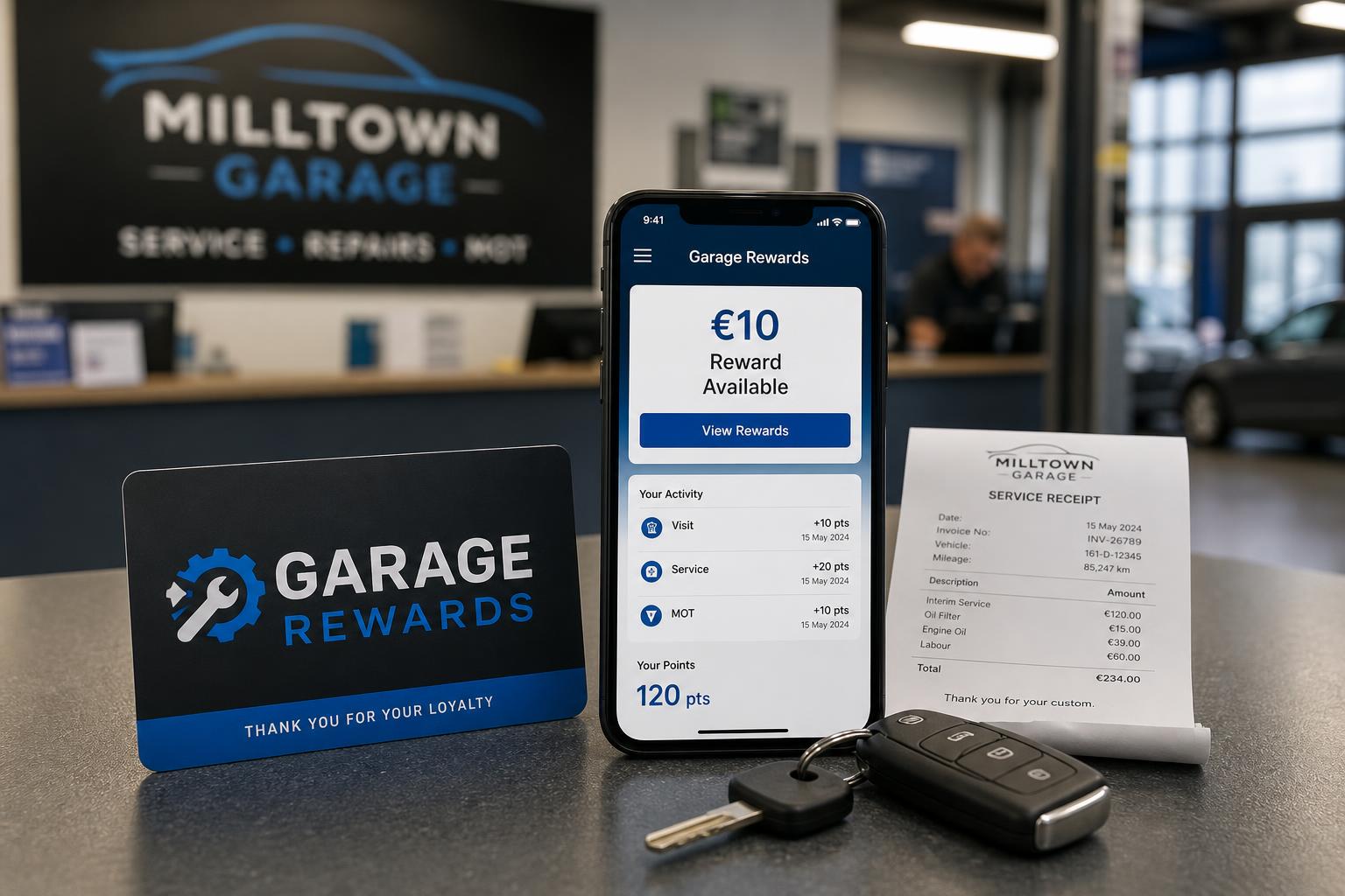 Auto repair loyalty reward shown with vehicle keys and service receipt
