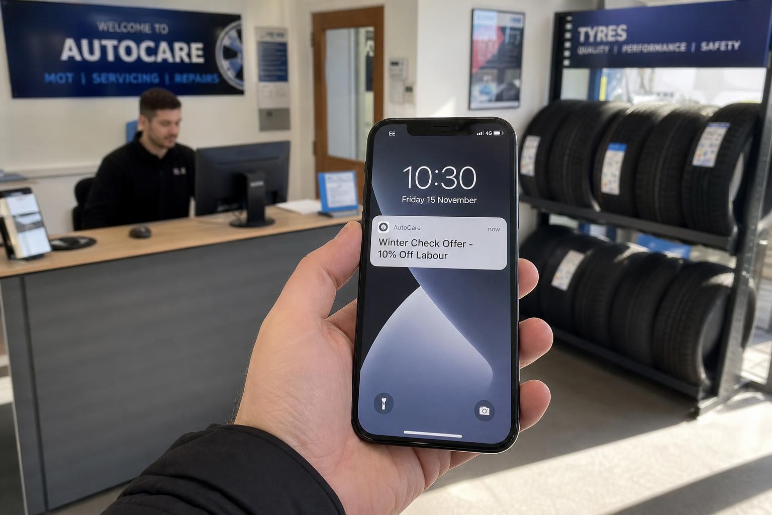 Digital auto repair marketing offer shown on a customer phone