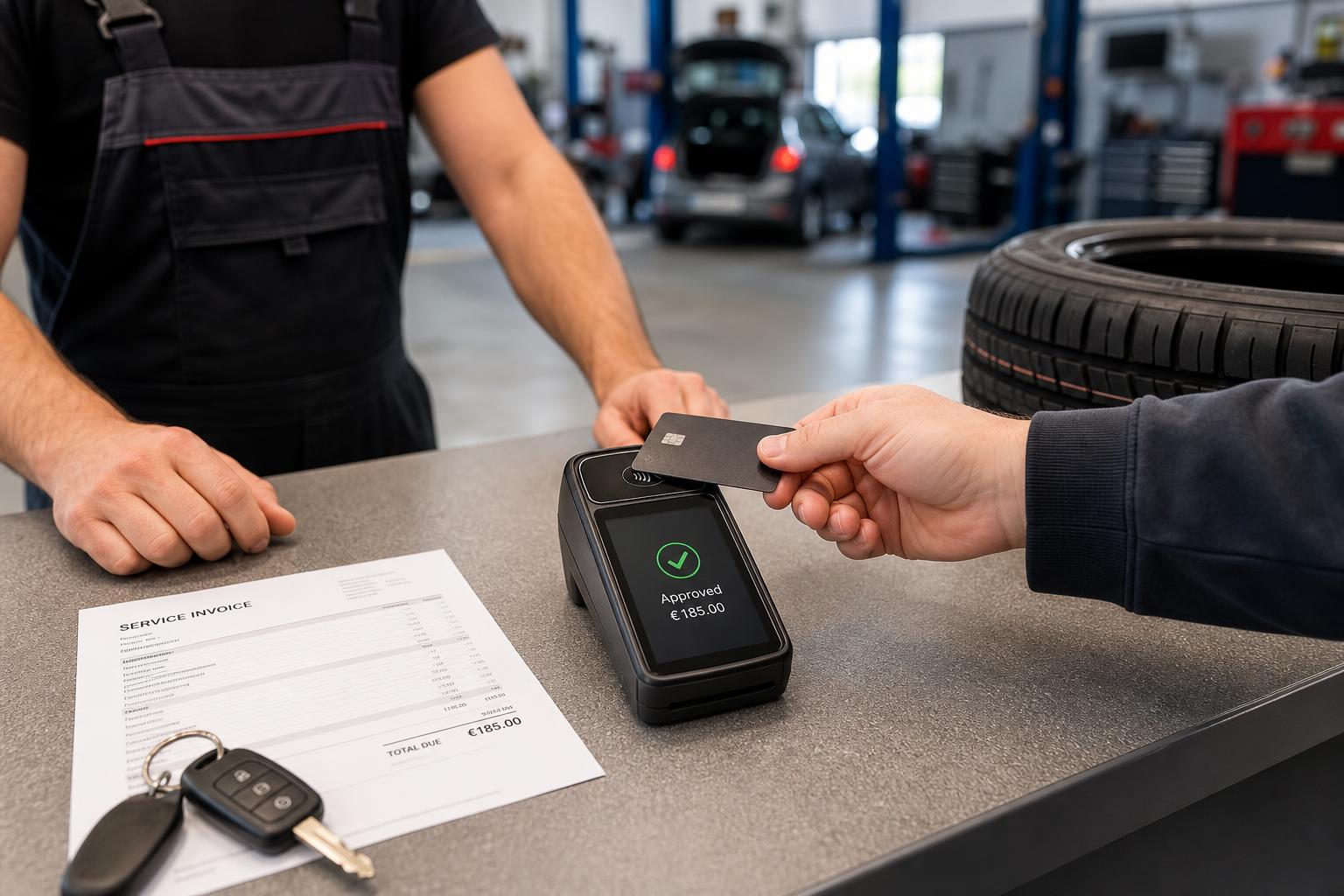 Customer paying at an auto repair shop service desk using Clover POS hardware