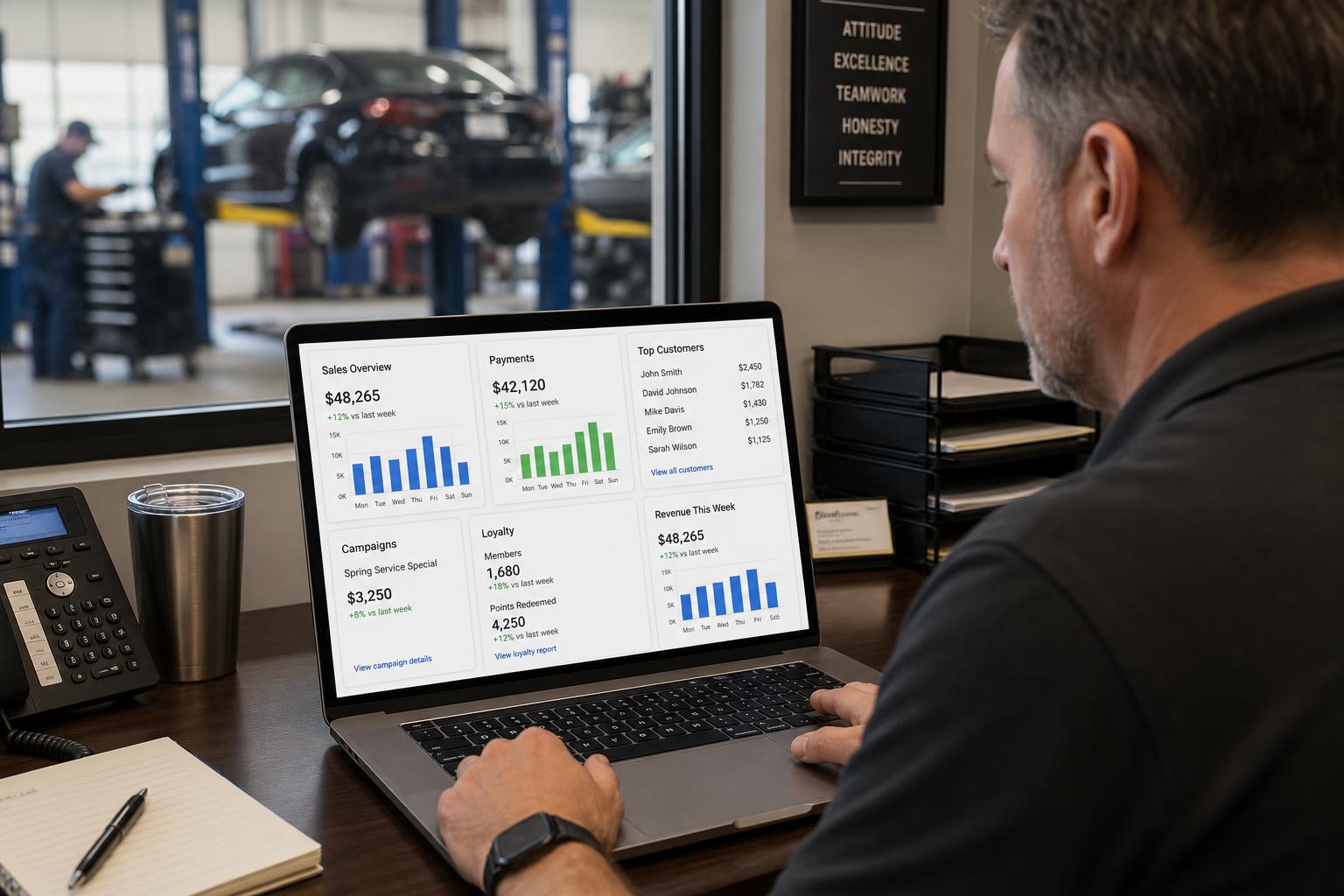 Auto repair shop reporting dashboard showing payments and customer activity