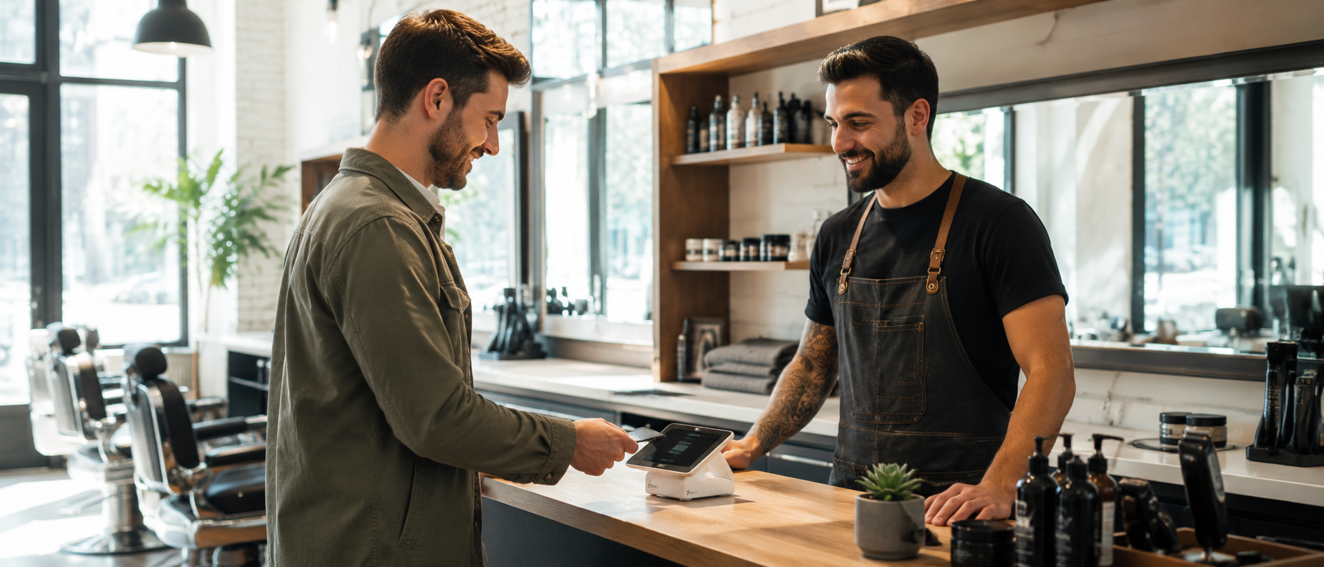 Customer completing a payment at a modern barber shop counter