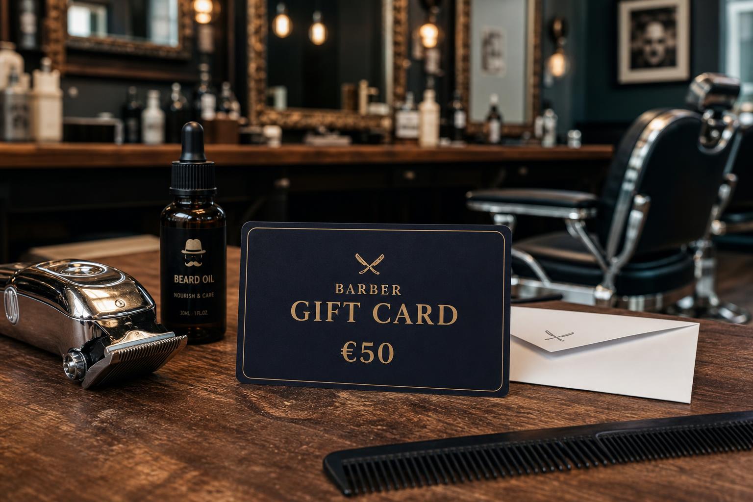 Branded barber shop gift card shown with grooming products