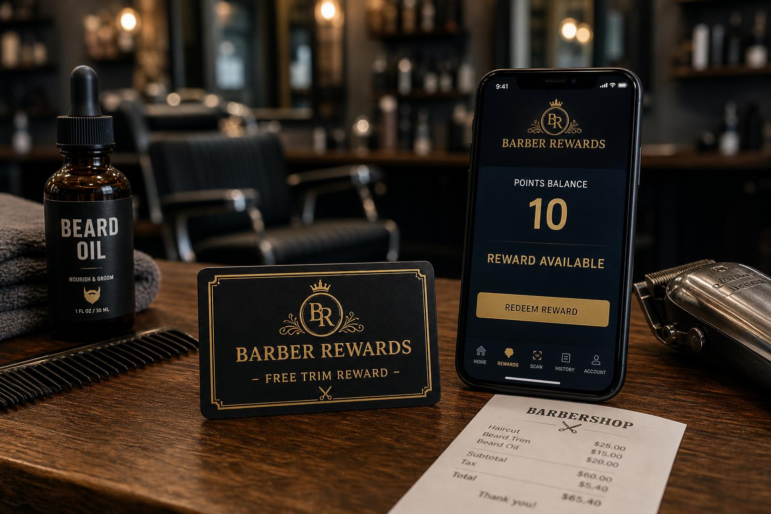 Barber shop loyalty rewards shown with grooming products and customer phone