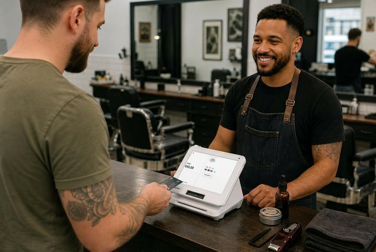 Customer paying at a barber shop counter using Clover POS hardware