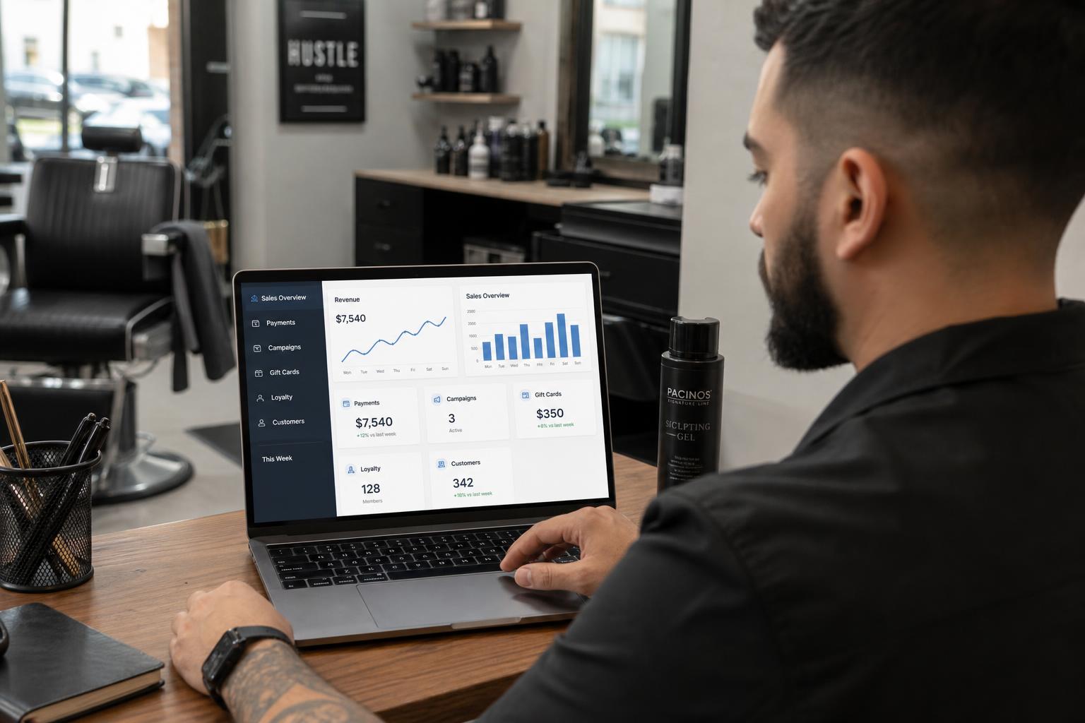 Barber shop reporting dashboard showing payments and customer activity