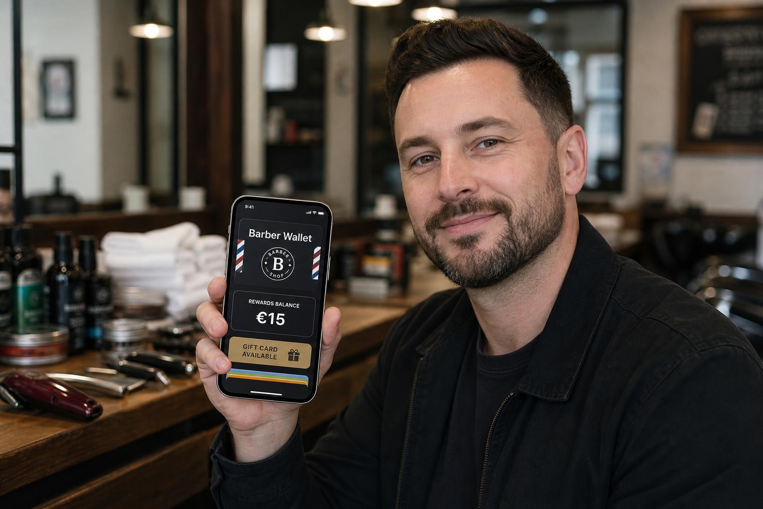 Customer using a barber shop digital wallet at the counter