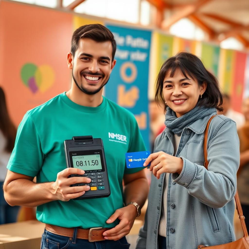 Charity volunteer taking a contactless donation on a Facilipay terminal at a fundraising event