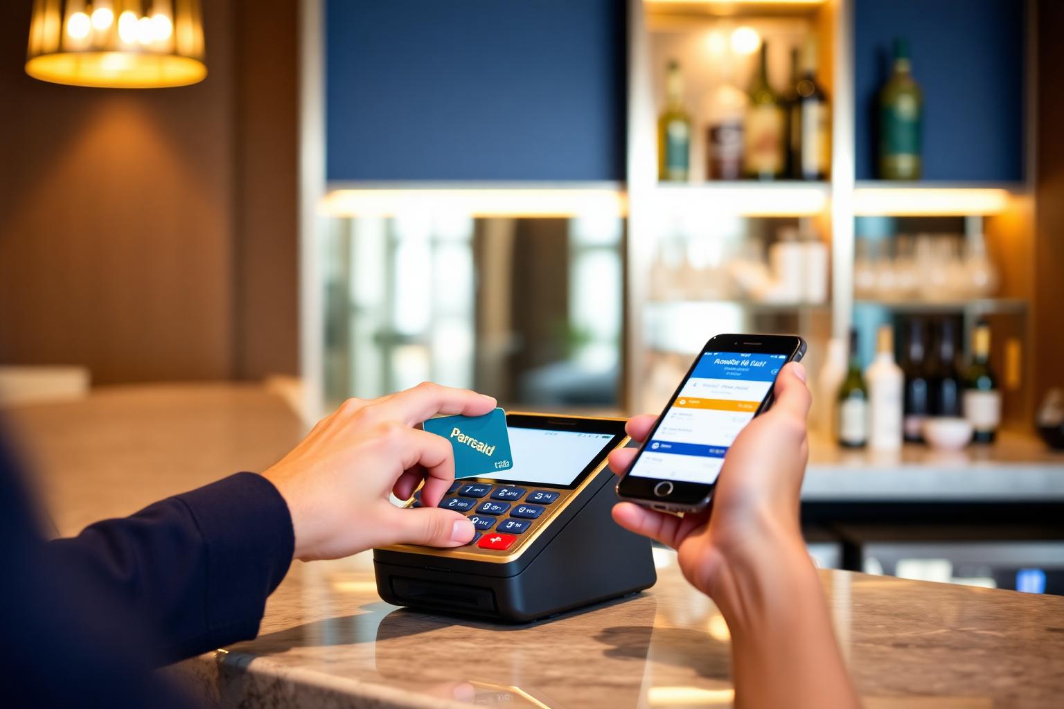 Member tapping a branded prepaid club members card on a payment terminal while holding a phone showing the linked app