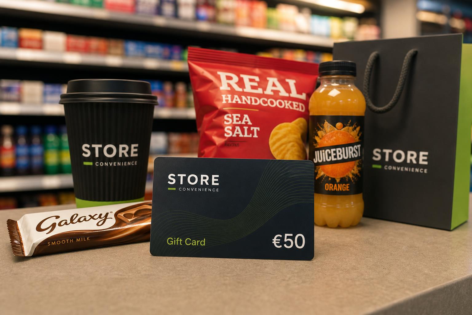 Branded convenience store gift card shown with everyday retail products