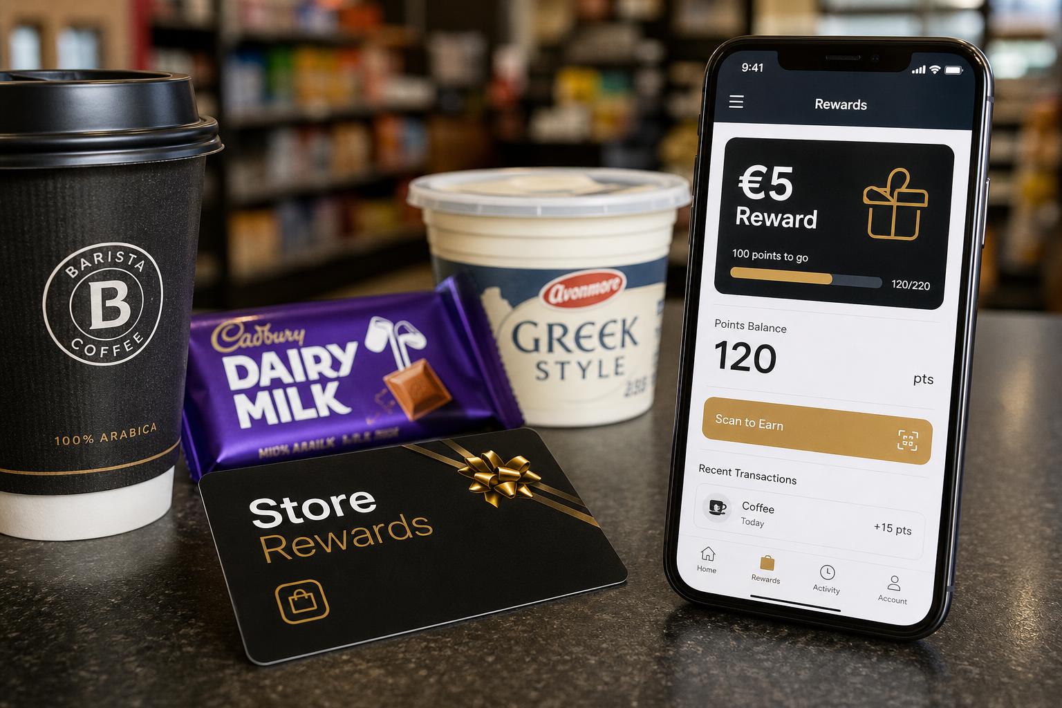 Convenience store loyalty rewards shown with everyday retail products