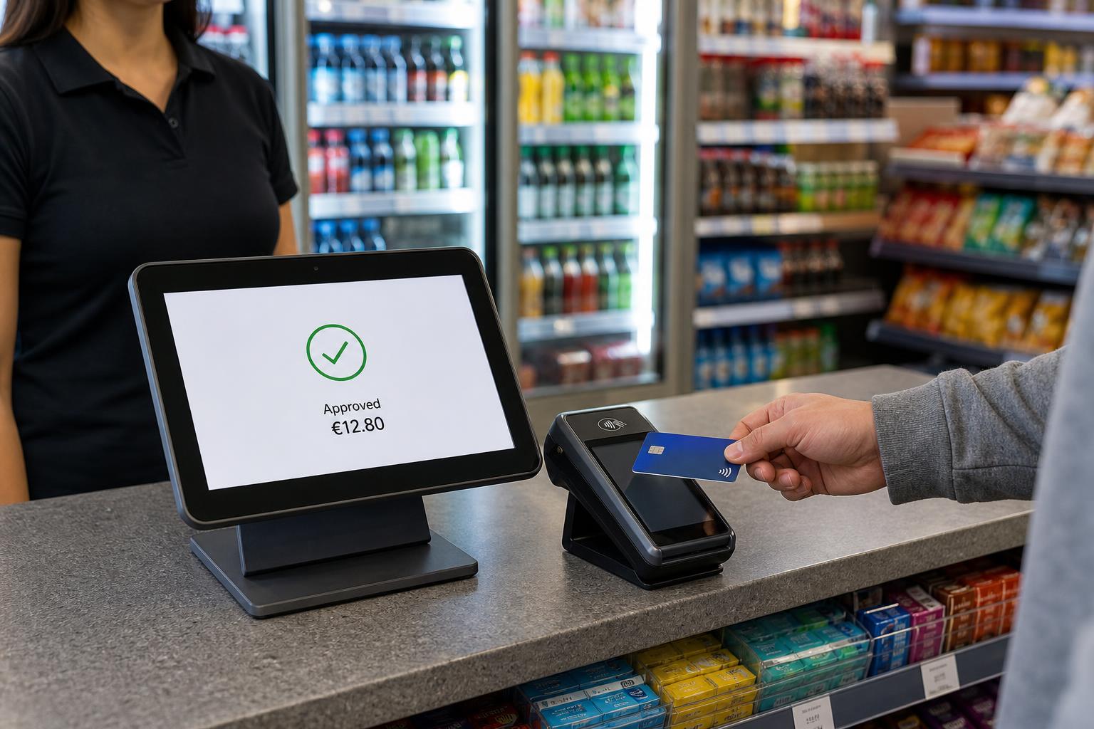 Customer paying at a convenience store counter using Clover POS hardware