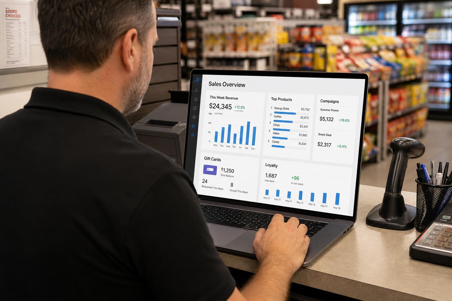 Convenience store reporting dashboard showing retail sales and campaign performance
