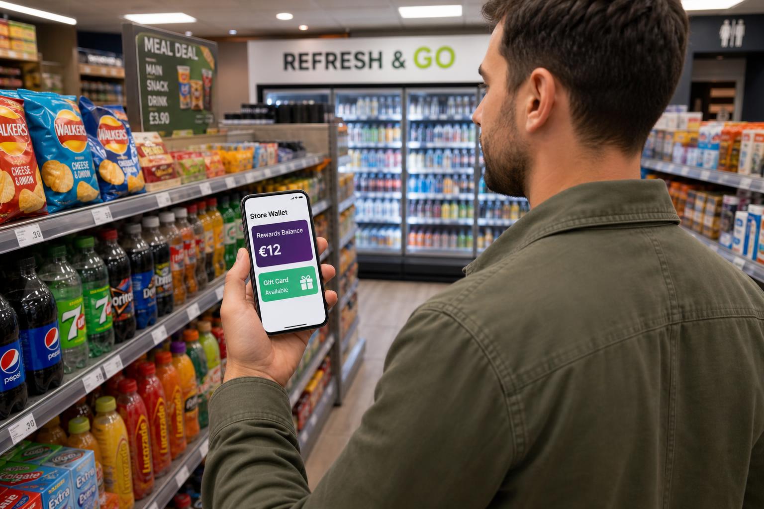 Customer using a convenience store digital wallet in a retail shop setting