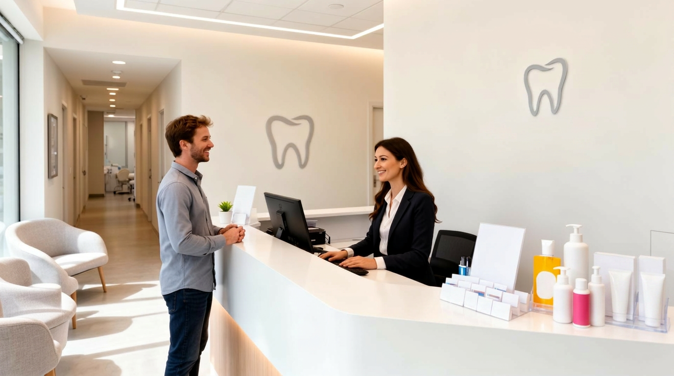Patient completing a payment at a modern dental practice reception desk