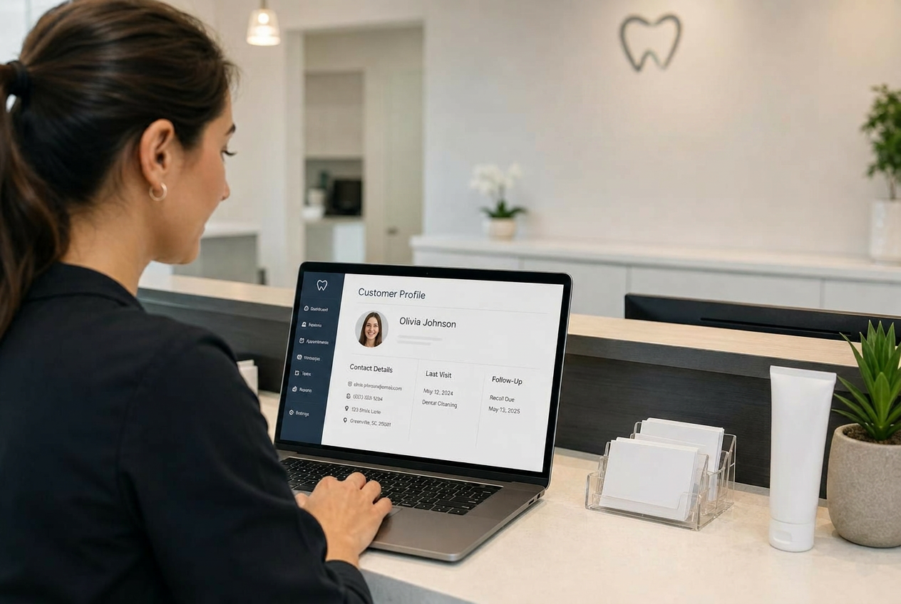 Dental receptionist viewing a customer profile in CRM