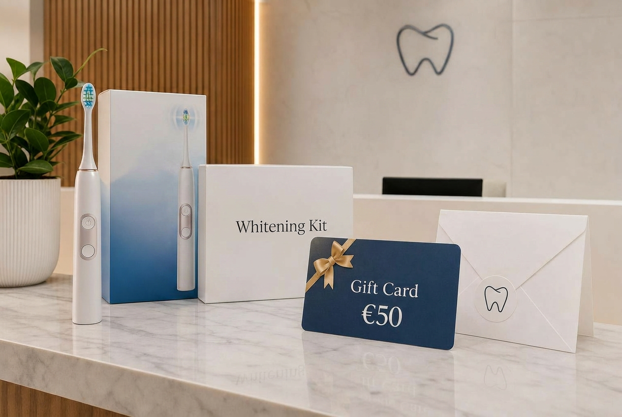Branded dental practice gift card shown with oral care products