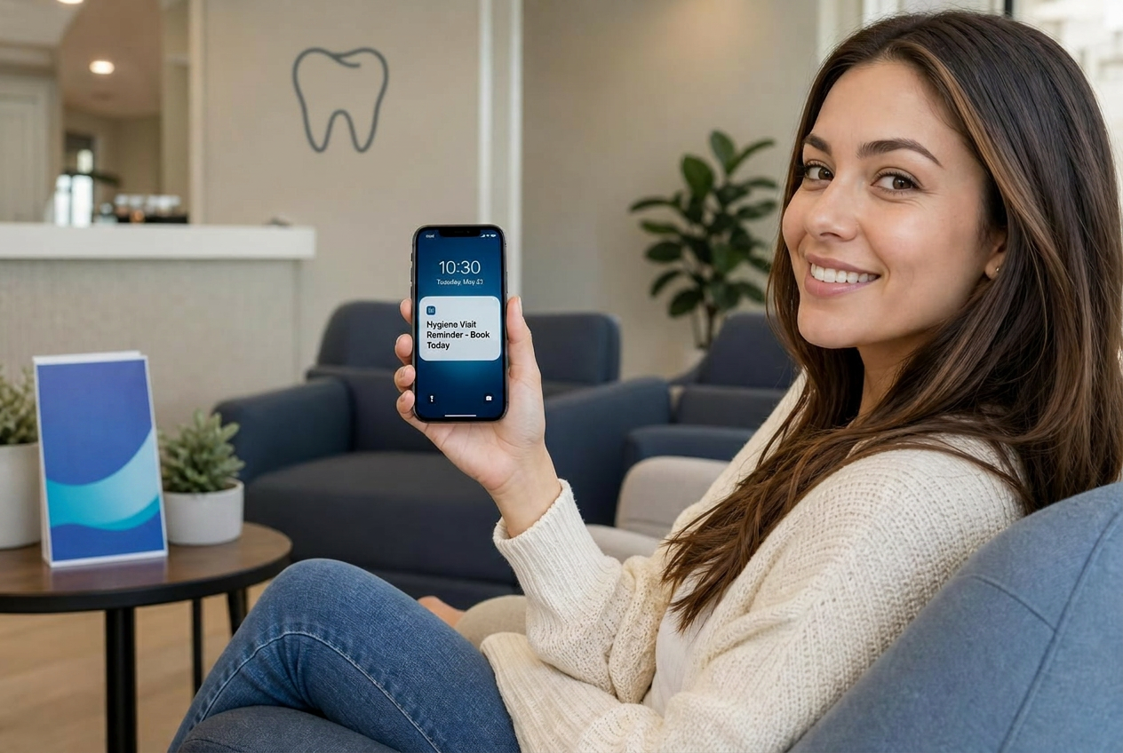 Digital dental practice marketing message shown on a patient phone