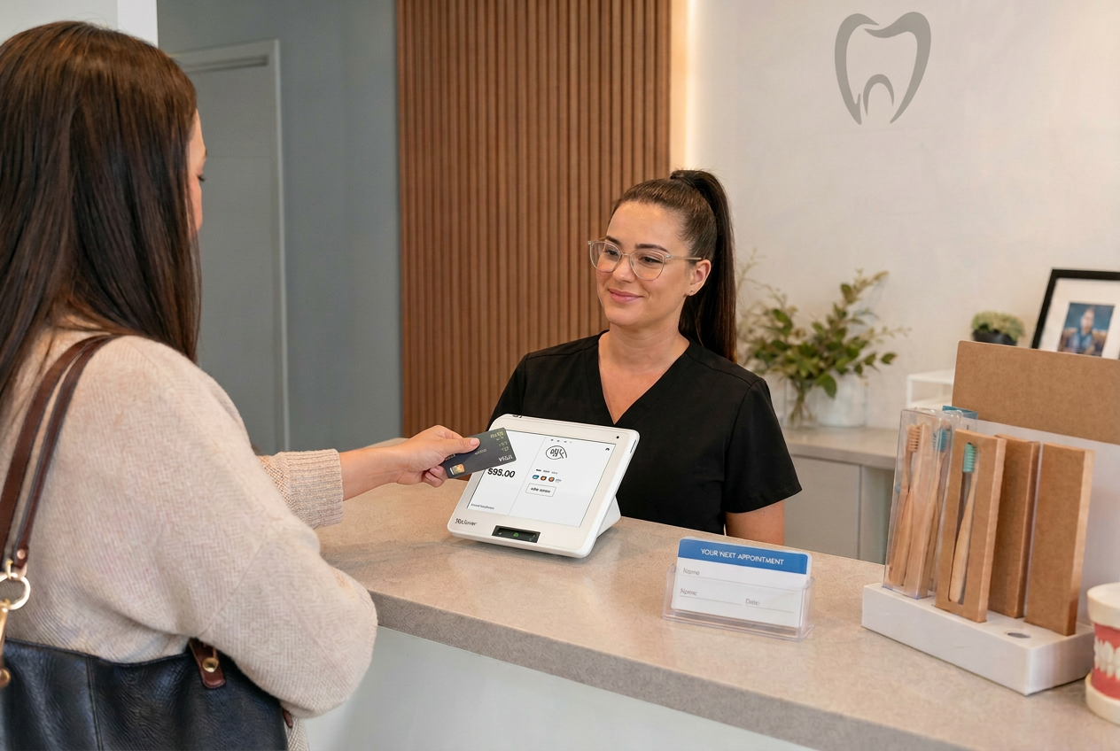 Patient paying at a dental practice reception desk using Clover POS hardware