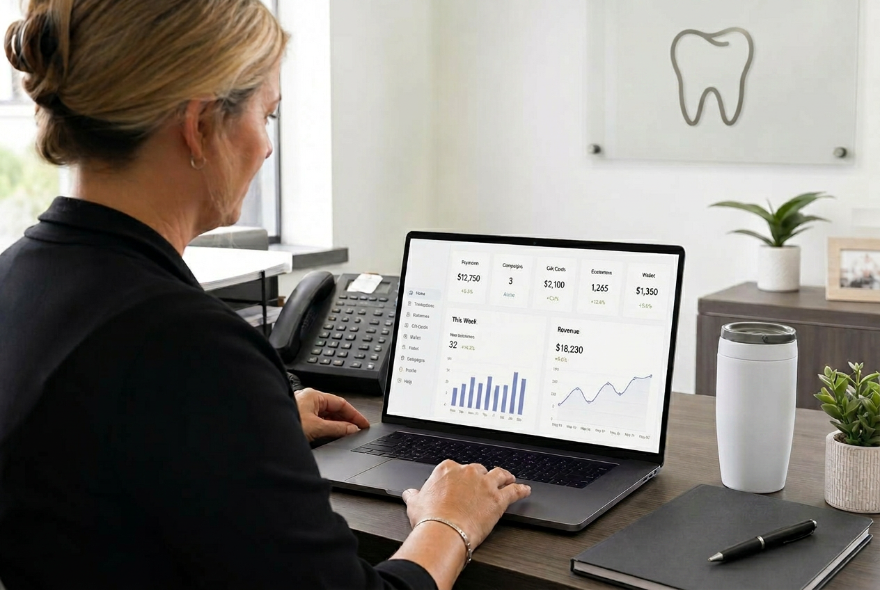 Dental practice reporting dashboard showing payments and campaign activity