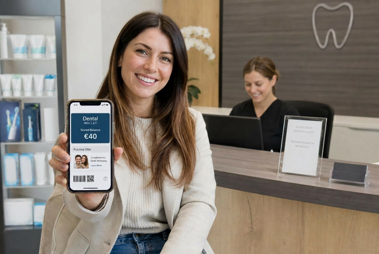 Patient using a dental practice digital wallet at reception