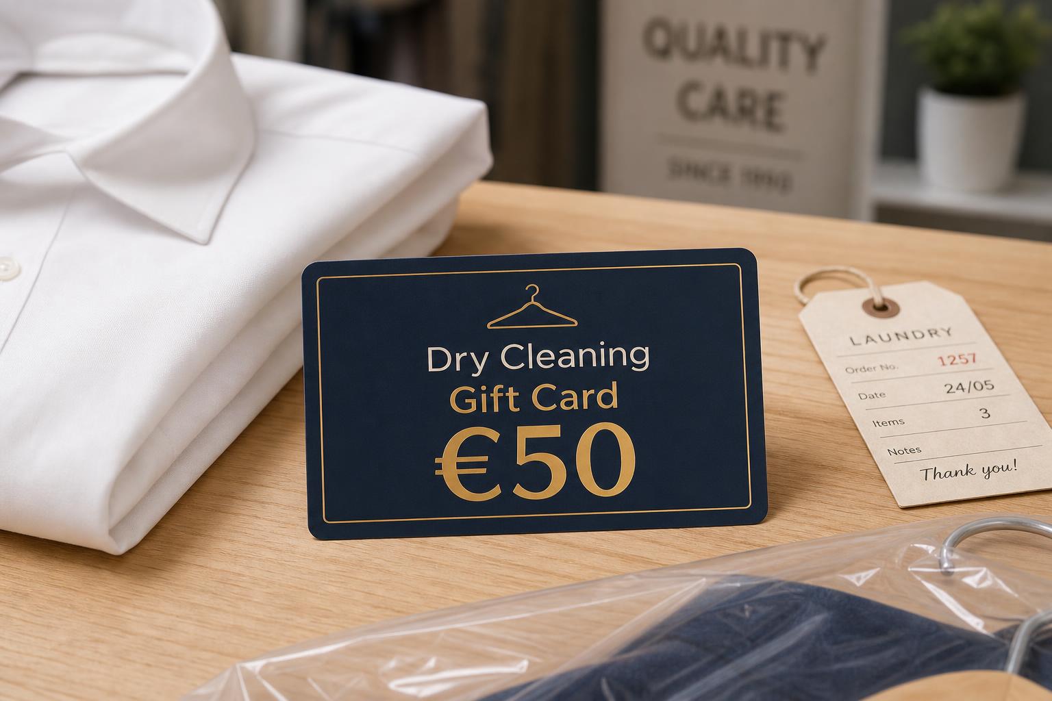 Branded dry cleaning gift card displayed beside pressed clothing
