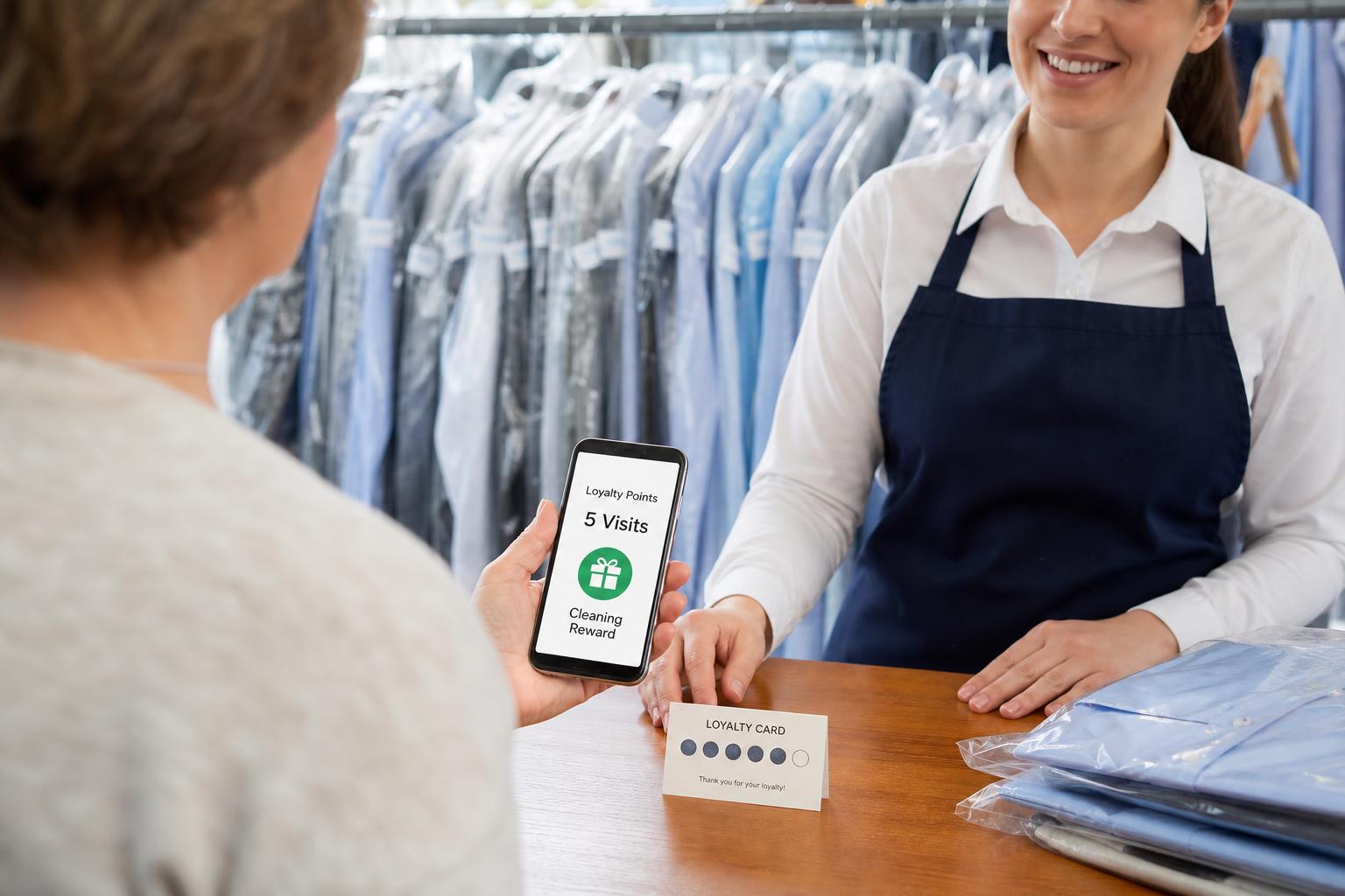 Dry cleaner customer using loyalty rewards while collecting garments