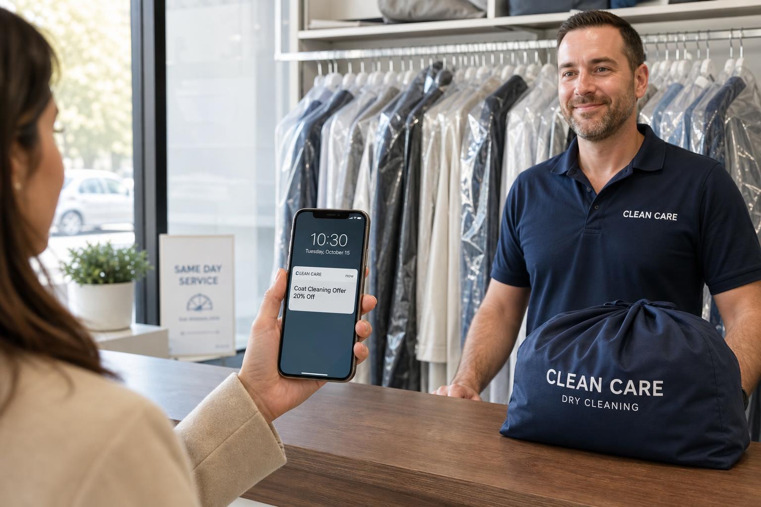 Digital marketing offer for a dry cleaner shown on a customer phone