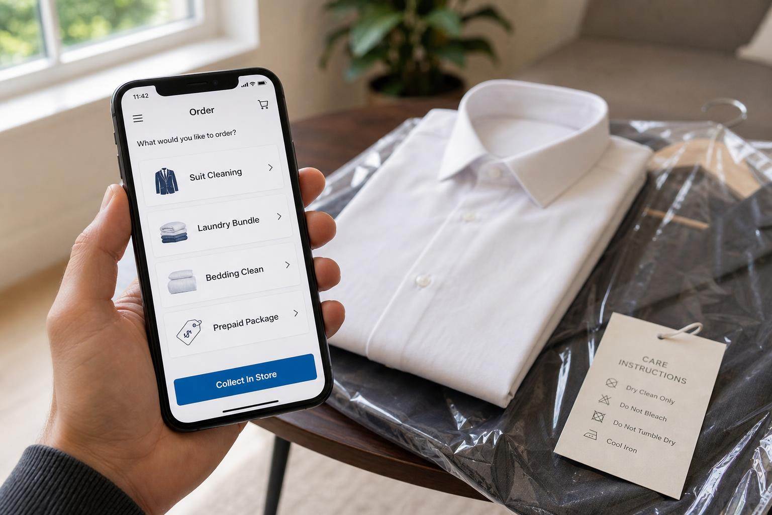 Customer ordering dry cleaning online for in-store collection