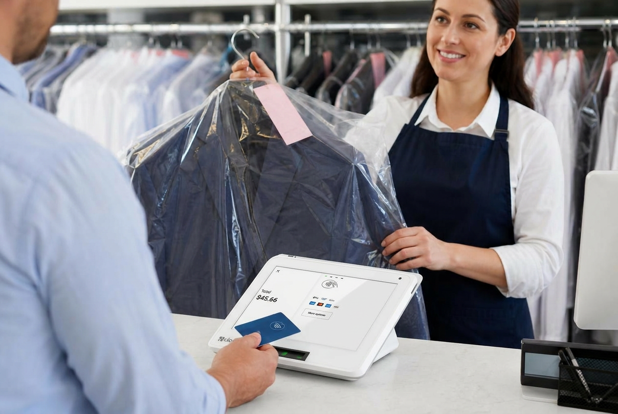 Customer paying for dry cleaning at a garment care counter using Clover POS hardware