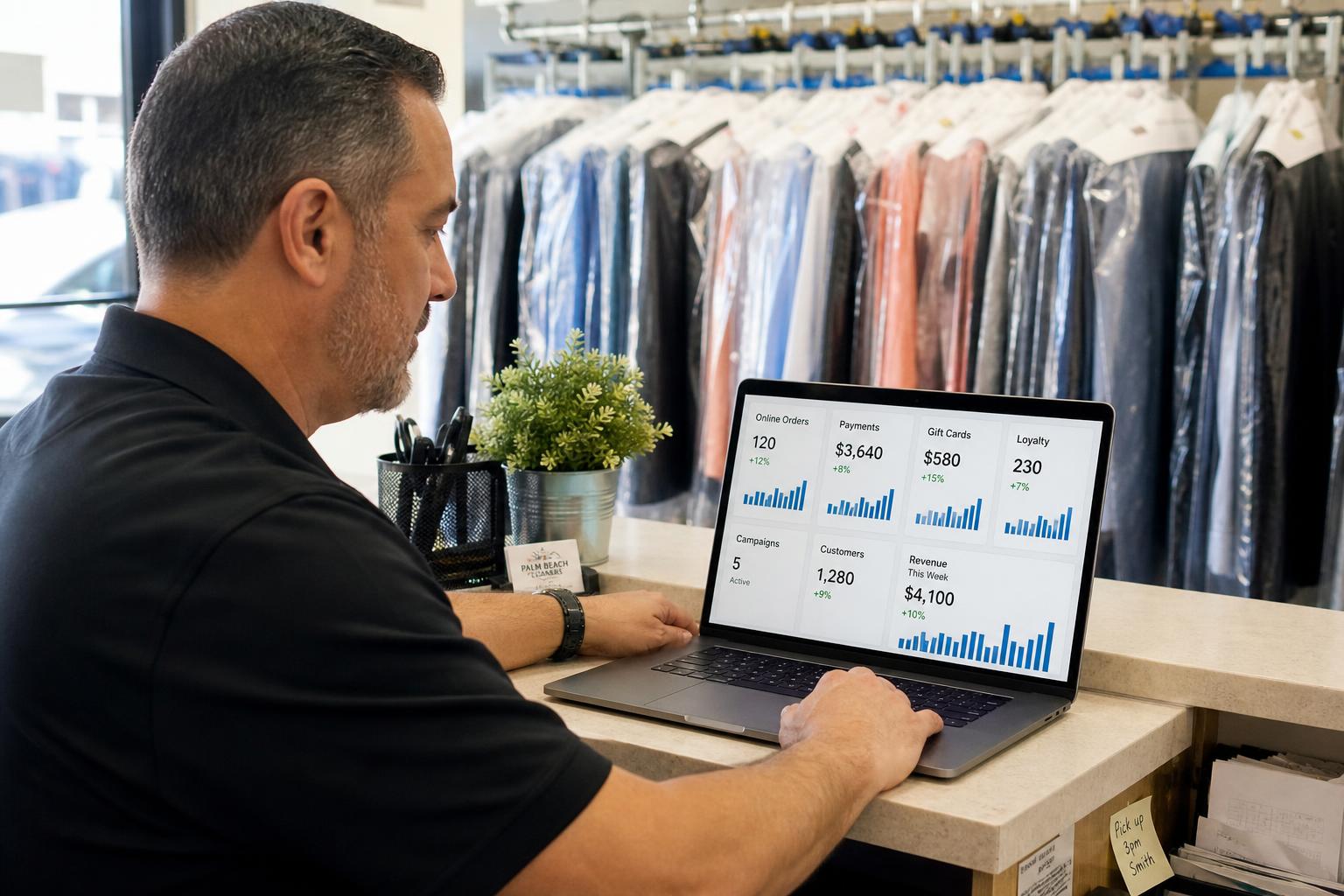 Dry cleaner reporting dashboard showing orders, payments and loyalty activity