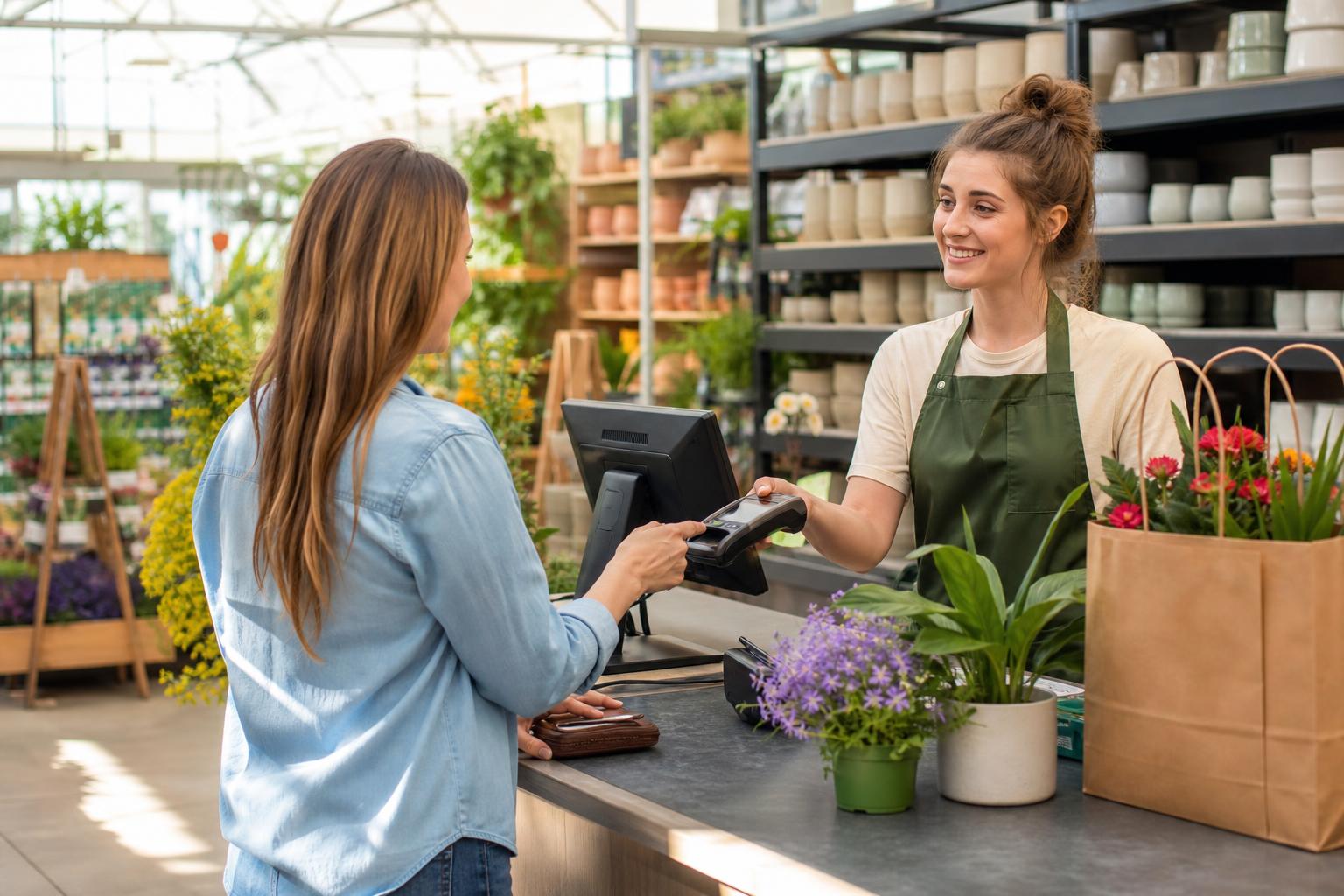 Customer completing a purchase at a modern garden centre checkout