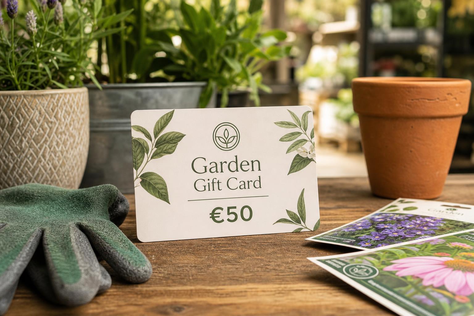 Branded garden centre gift card shown with plants and gardening products