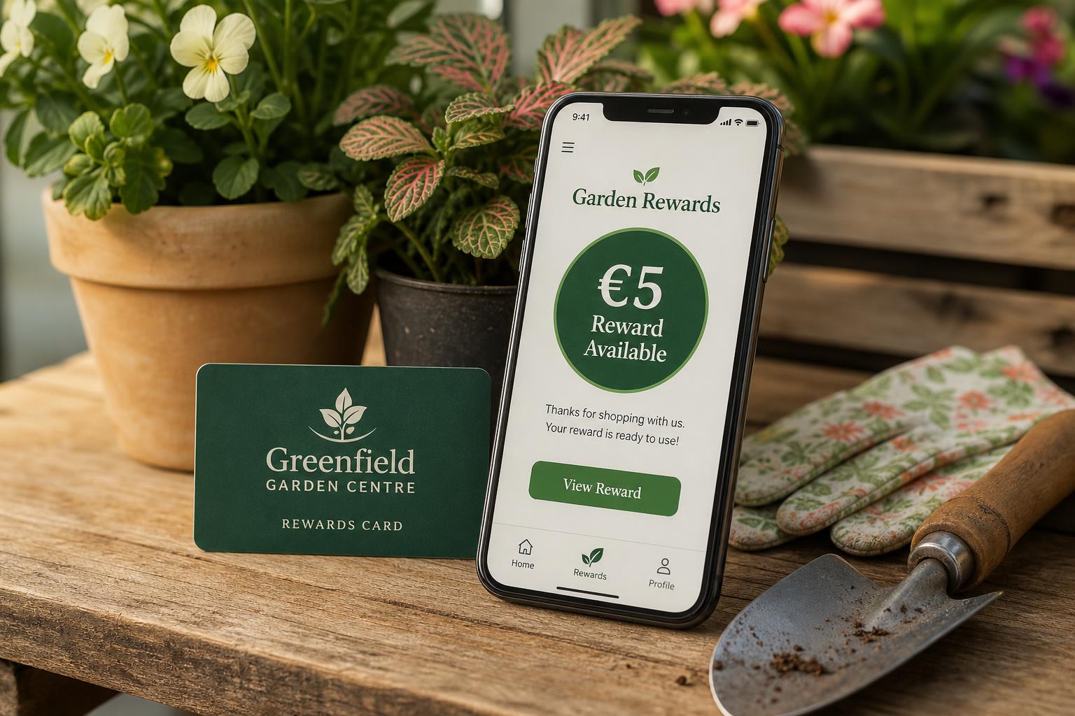 Garden centre loyalty rewards shown with plants and gardening products