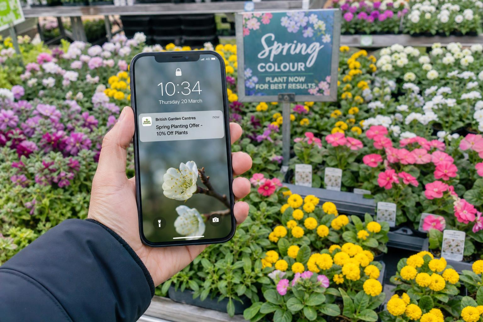 Digital garden centre marketing offer shown on a customer phone