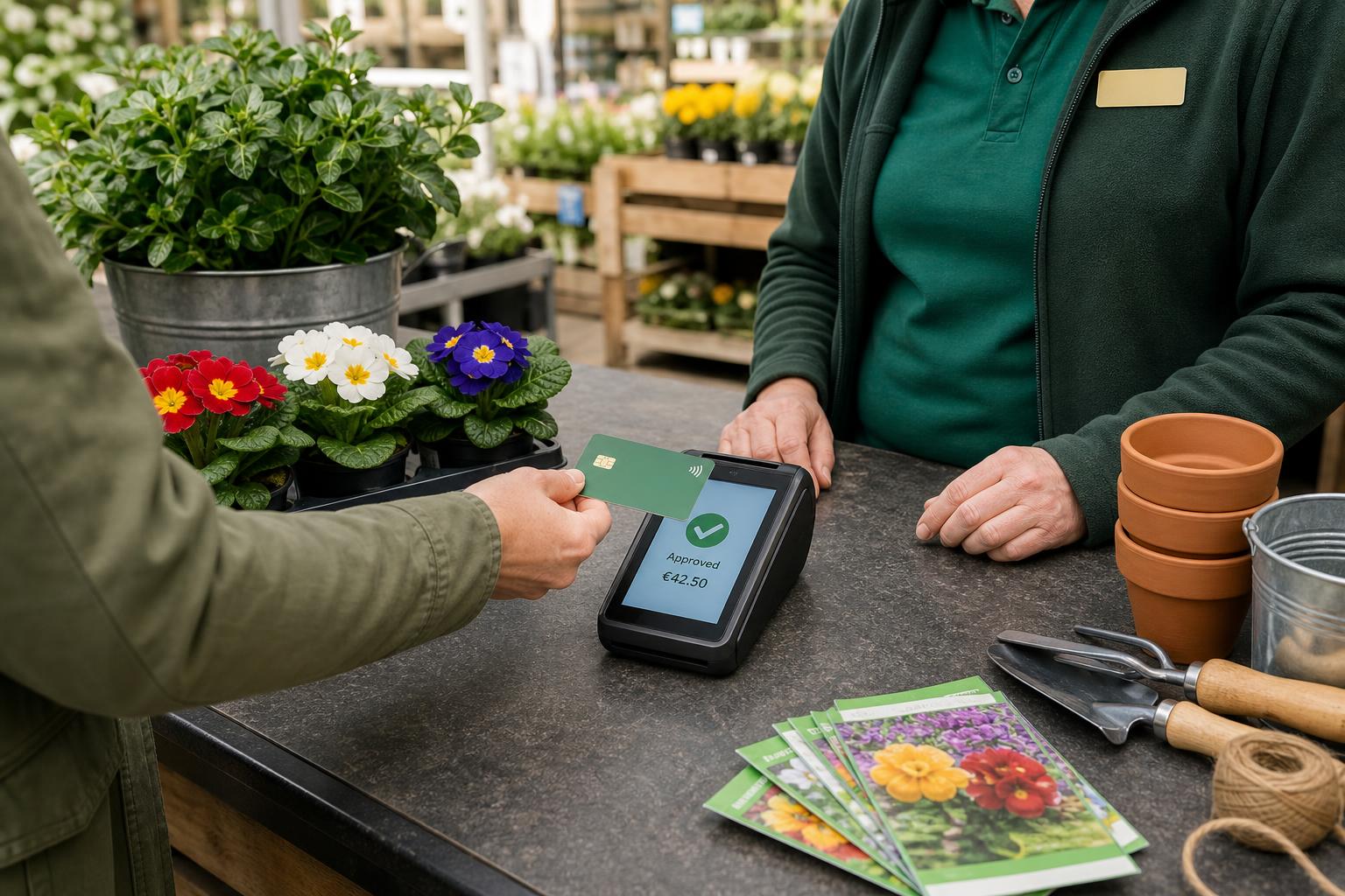 Customer paying at a garden centre checkout using Clover POS hardware