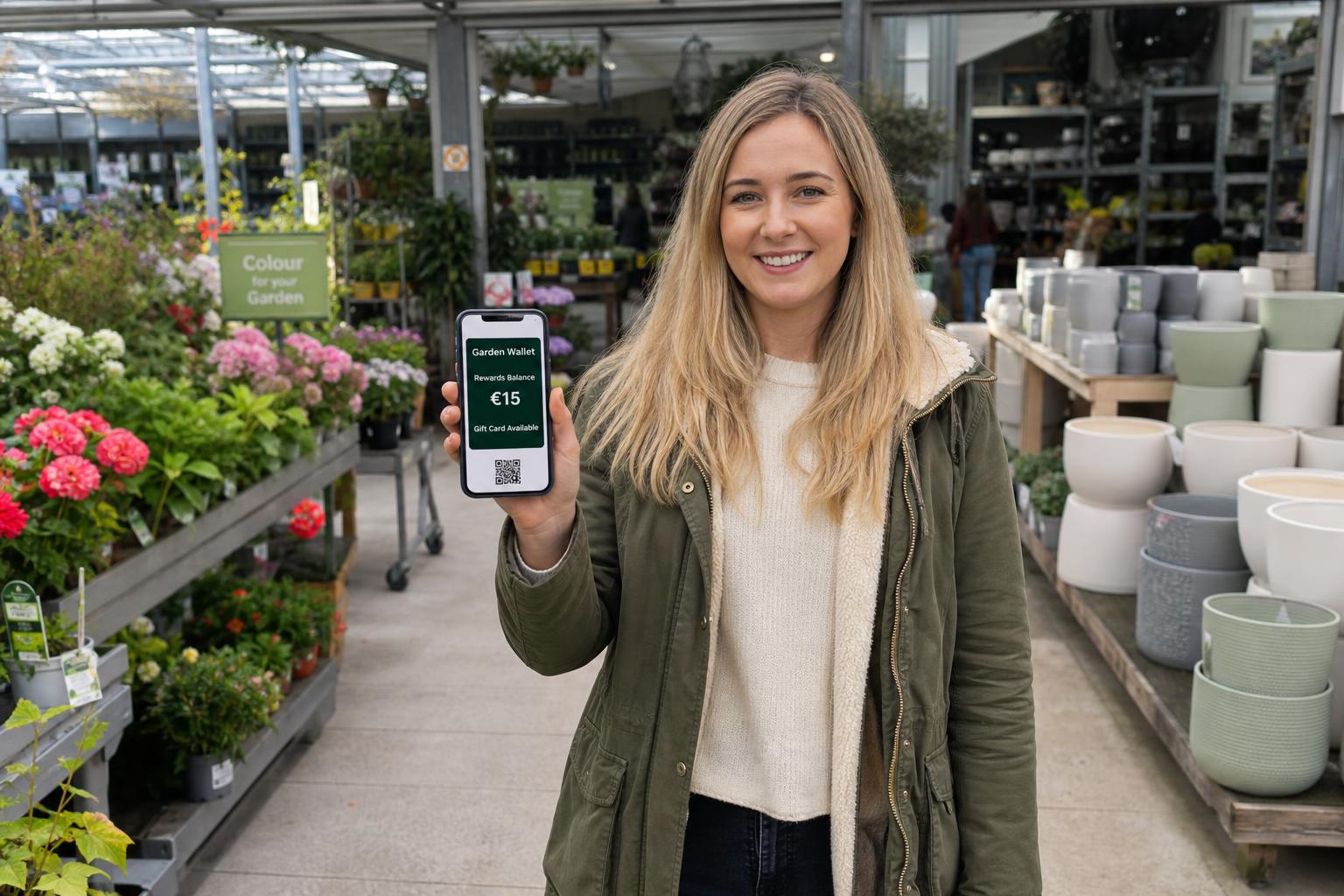 Customer using a garden centre digital wallet while shopping for plants