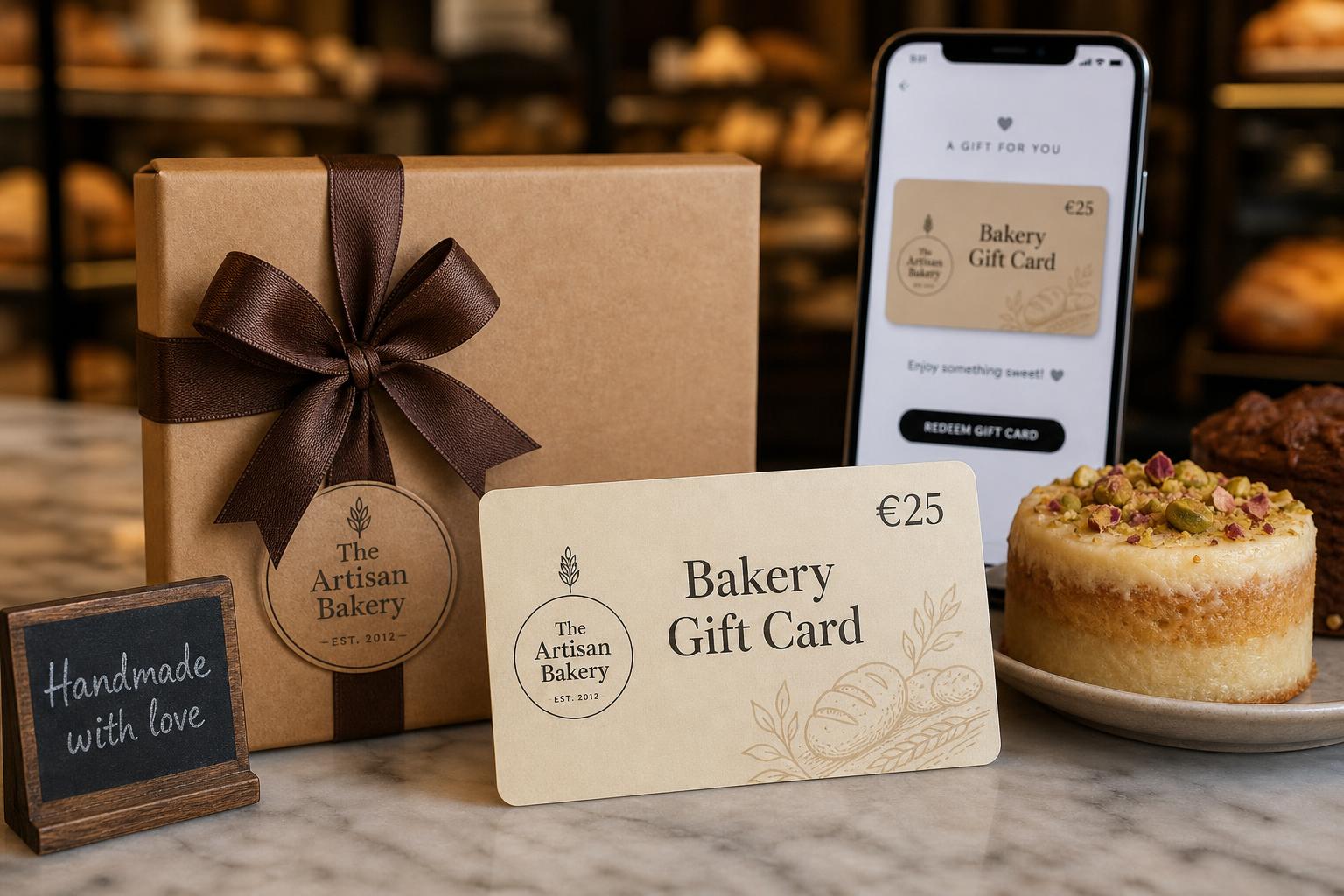 Branded bakery gift card shown in physical and digital format