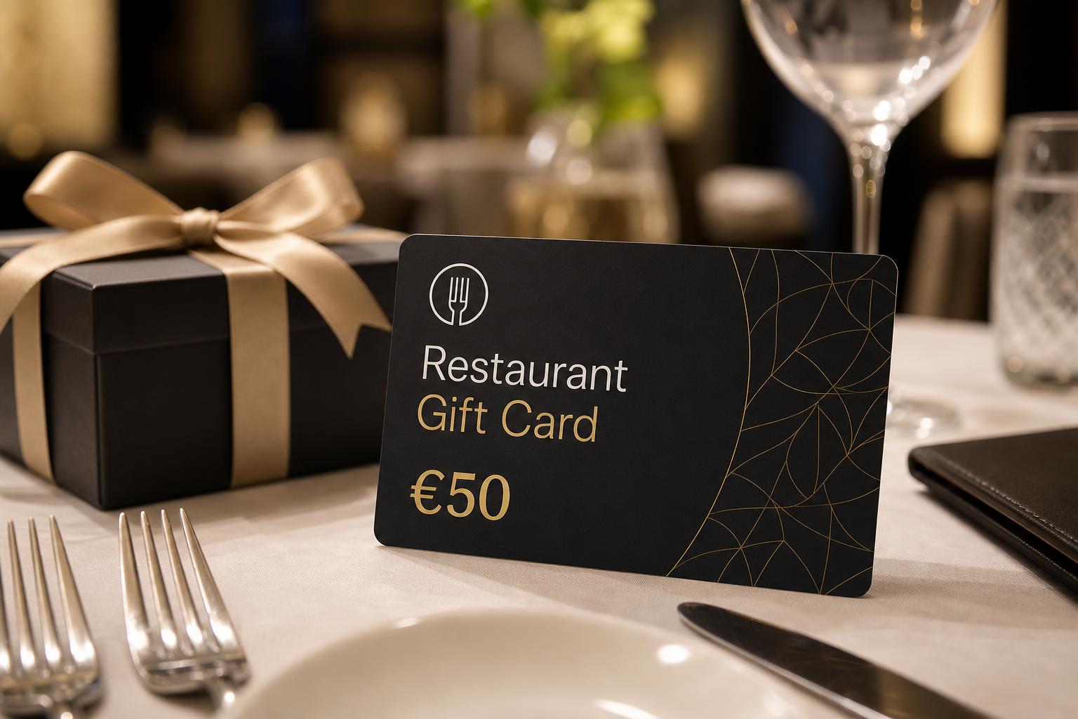 Restaurant gift card on a dining table set with cutlery