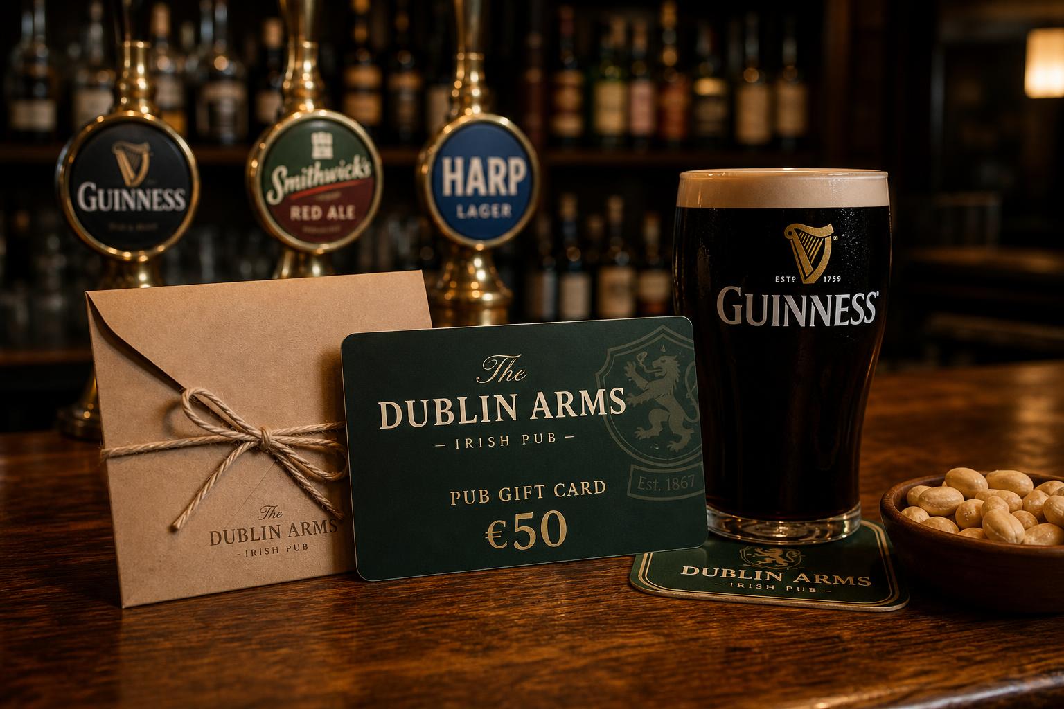 Branded pub gift card shown with drinks and venue context