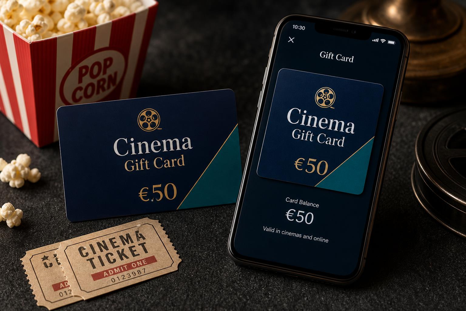 Cinema gift card shown in both physical and digital format