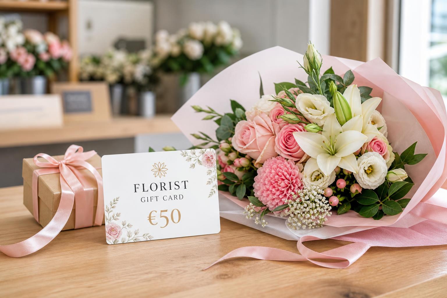 Branded florist gift card beside a wrapped bouquet on a shop counter