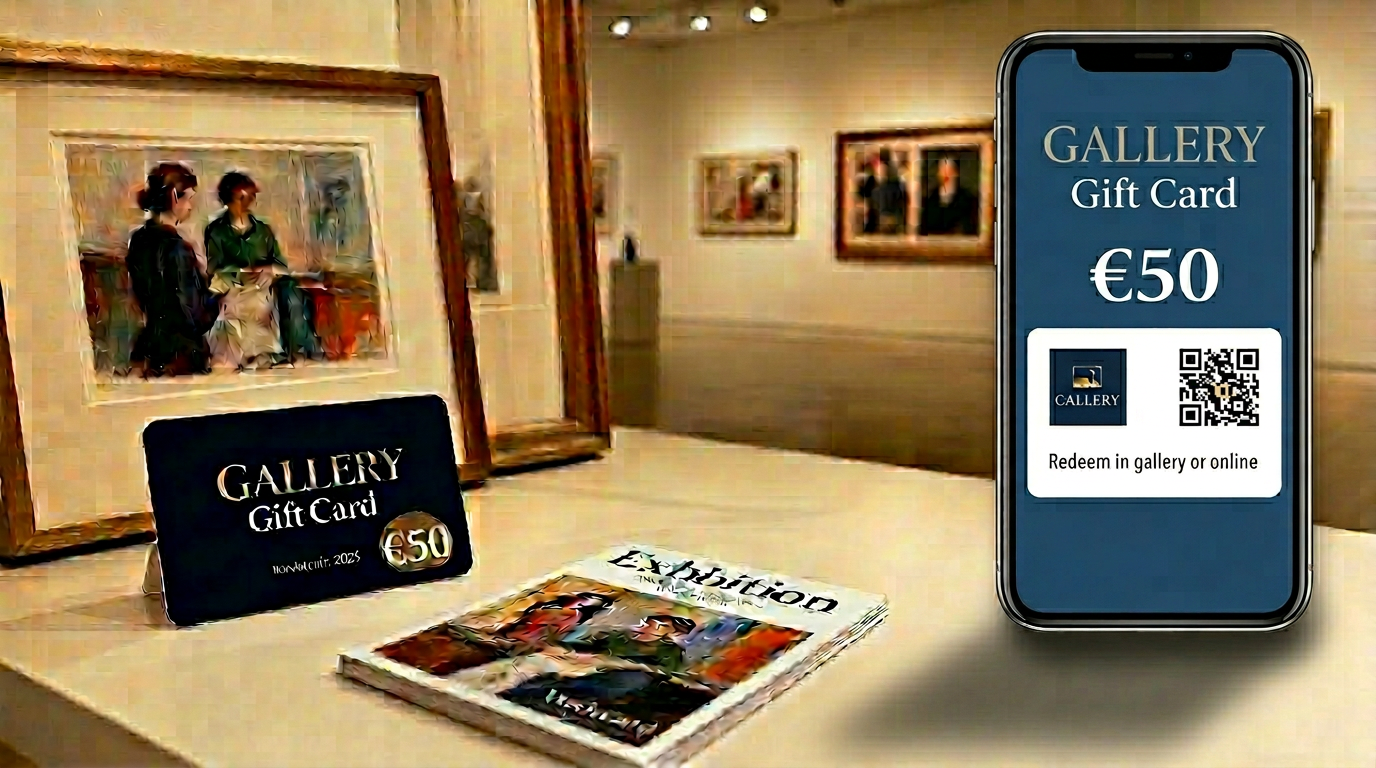 Branded art gallery gift card shown in physical and digital format