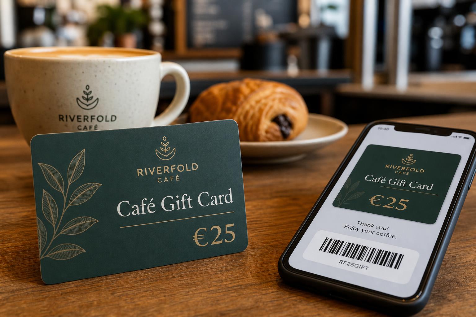 Branded café gift card beside a takeaway coffee cup