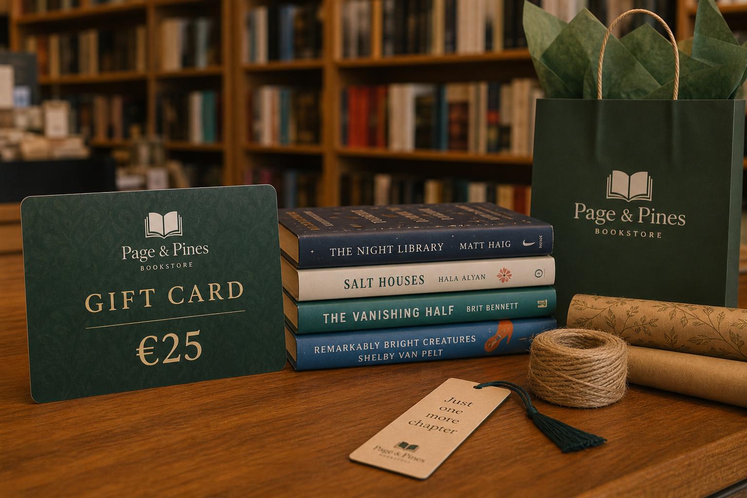 Branded bookstore gift card shown with books and gift packaging