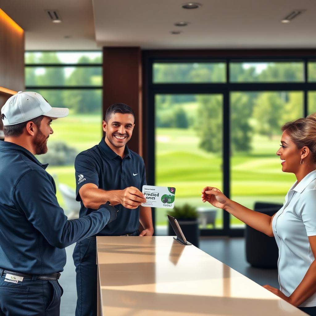 Golf club member receiving a branded prepaid members card at the clubhouse