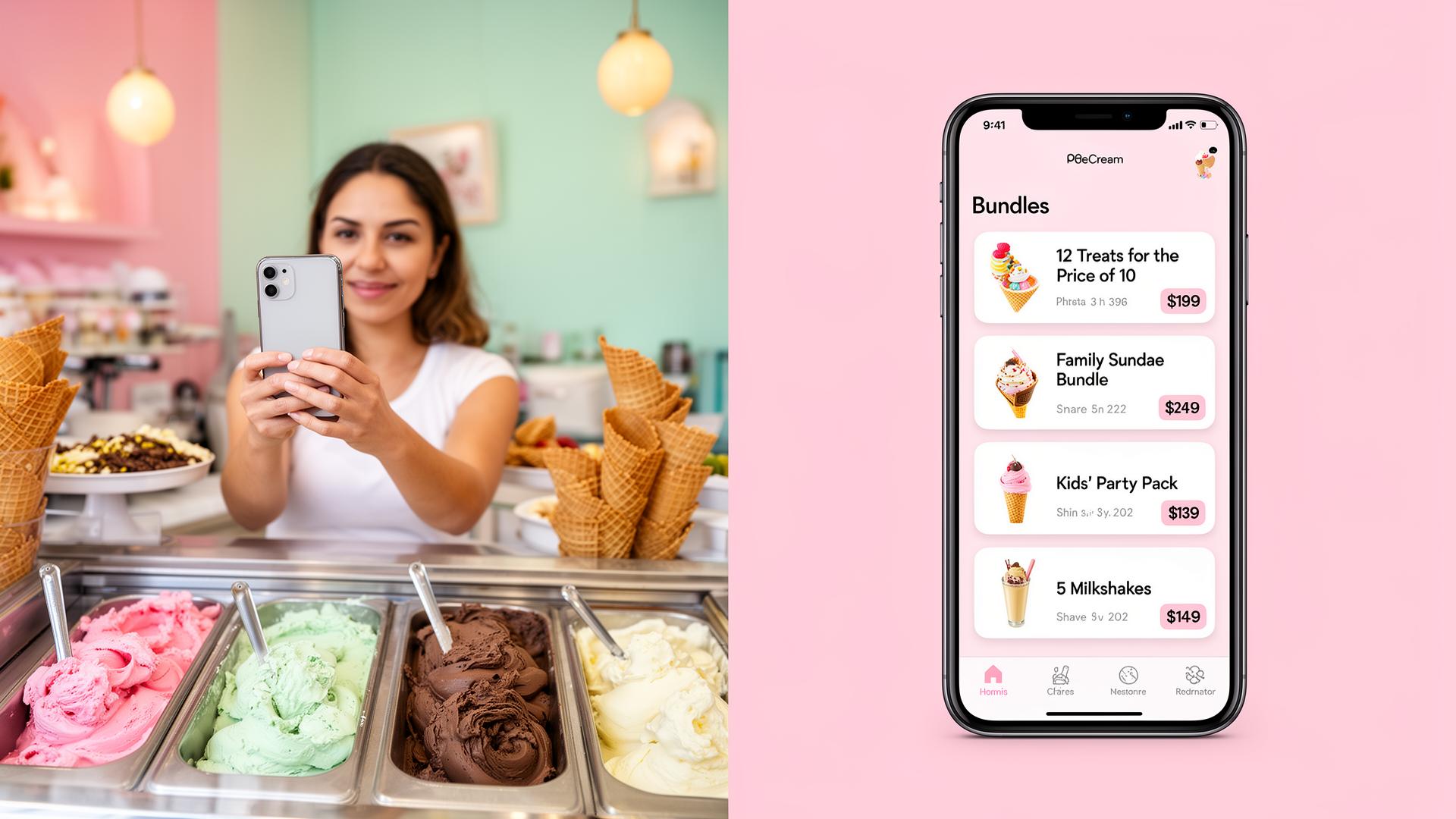 Customer browsing ice cream parlour bundles such as family sundae and kids' party pack on a phone