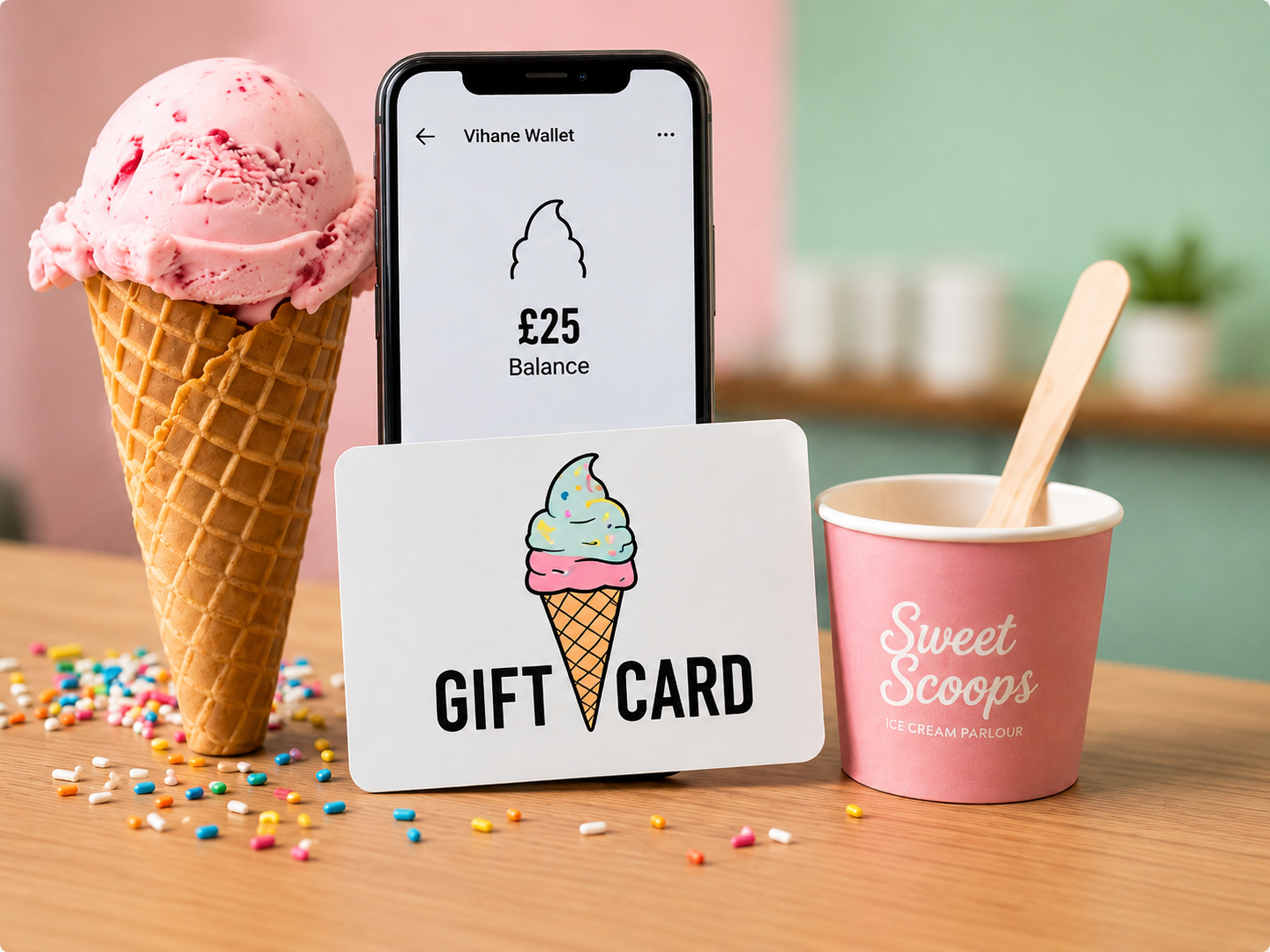 Branded ice cream parlour PVC gift card and digital wallet voucher next to a strawberry cone